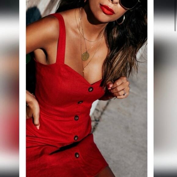 Reformation Red 100% Linen Finn Sweetheart Button Up Sleeveless Mini Dress Sz 2 - Picture 3 of 8